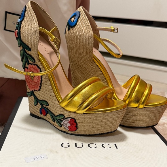 Gucci Shoes - Gucci Gold Wedges with Floral Embroidery